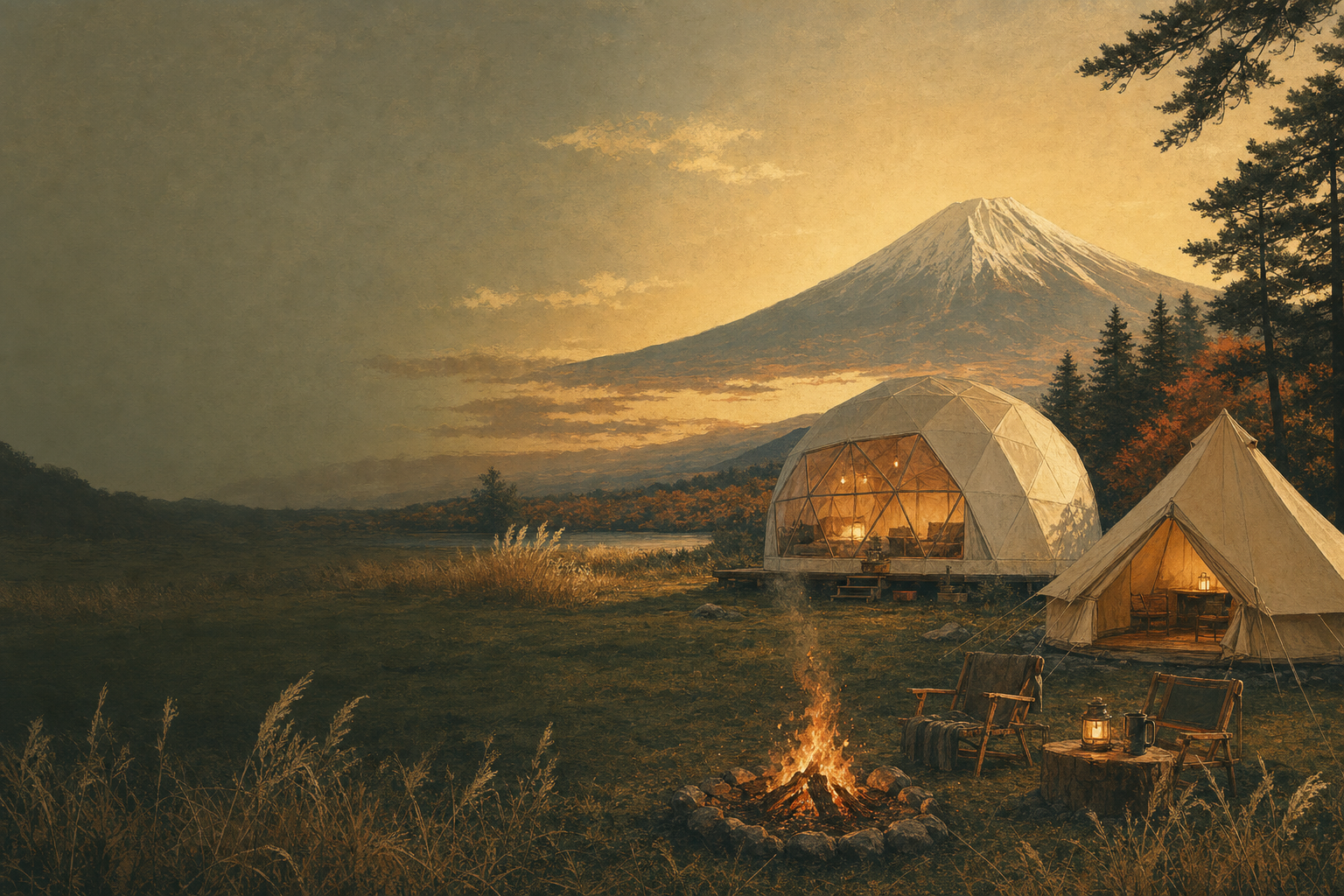 A glamping dome and tent by a campfire, with Mt. Fuji at dusk