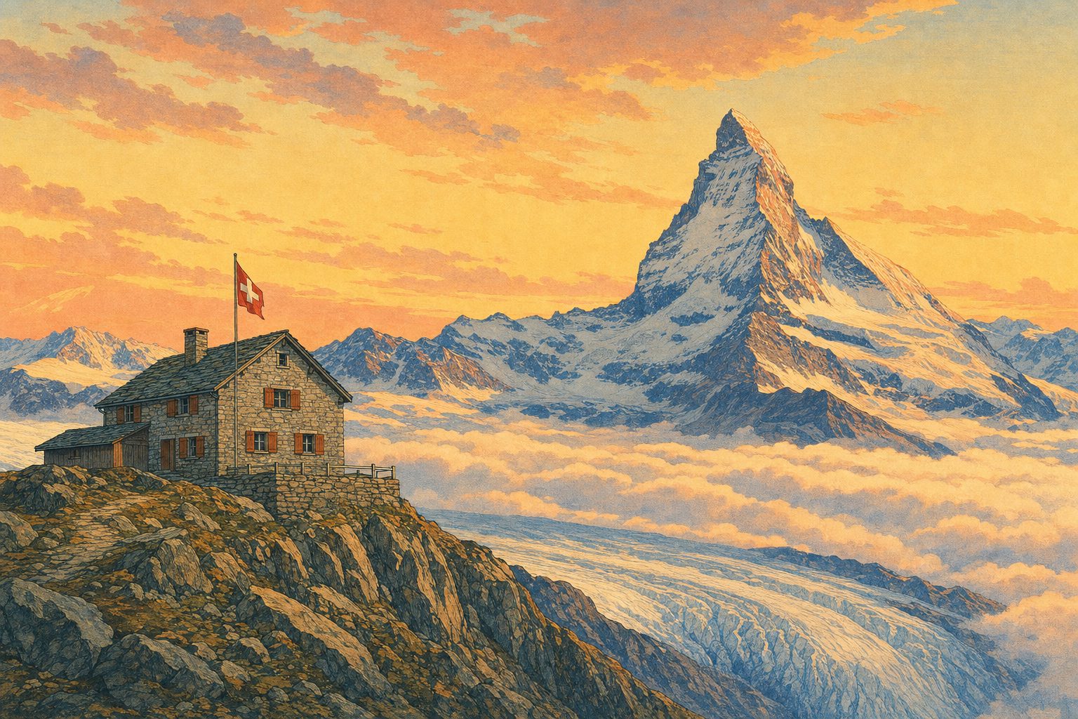 A stone Alpine Club hut on a ridge above a glacier at dawn, with a Matterhorn-like peak behind