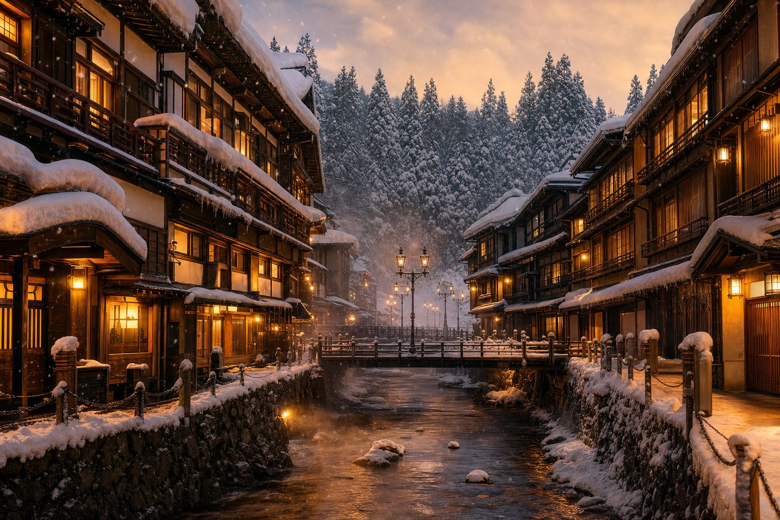 Ginzan Onsen, Yamagata, Japan: Taisho-era wooden ryokan inns along the river under snow at dusk