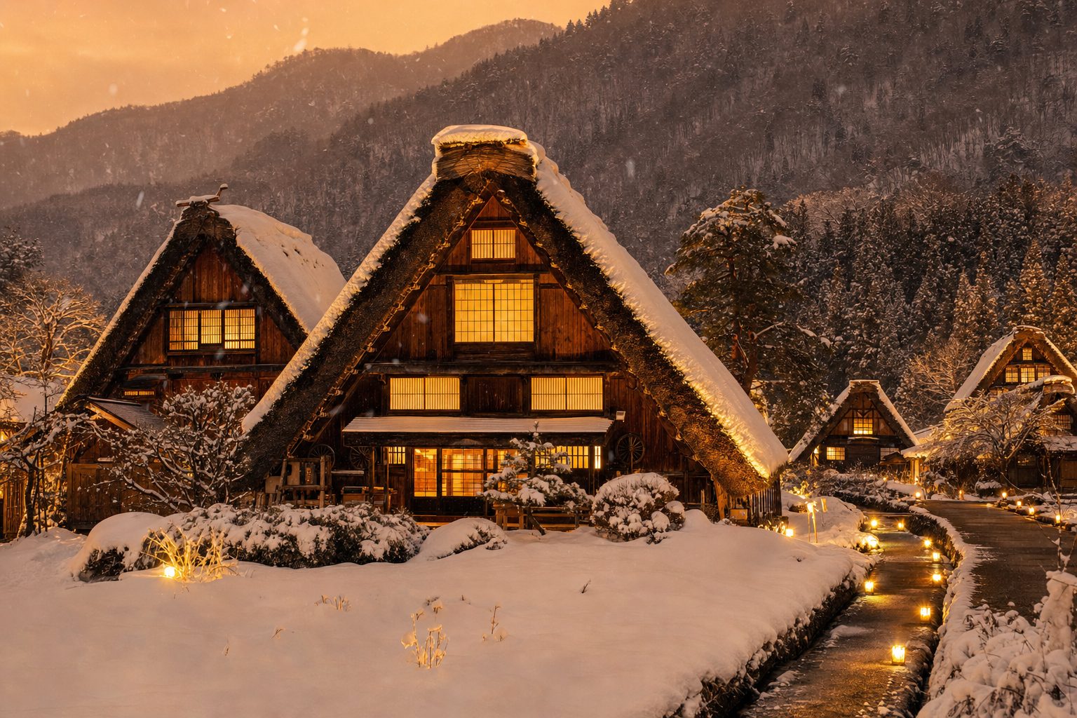 Shirakawa-go, Gifu, Japan: gassho-zukuri thatched farmhouses under deep snow on a winter evening