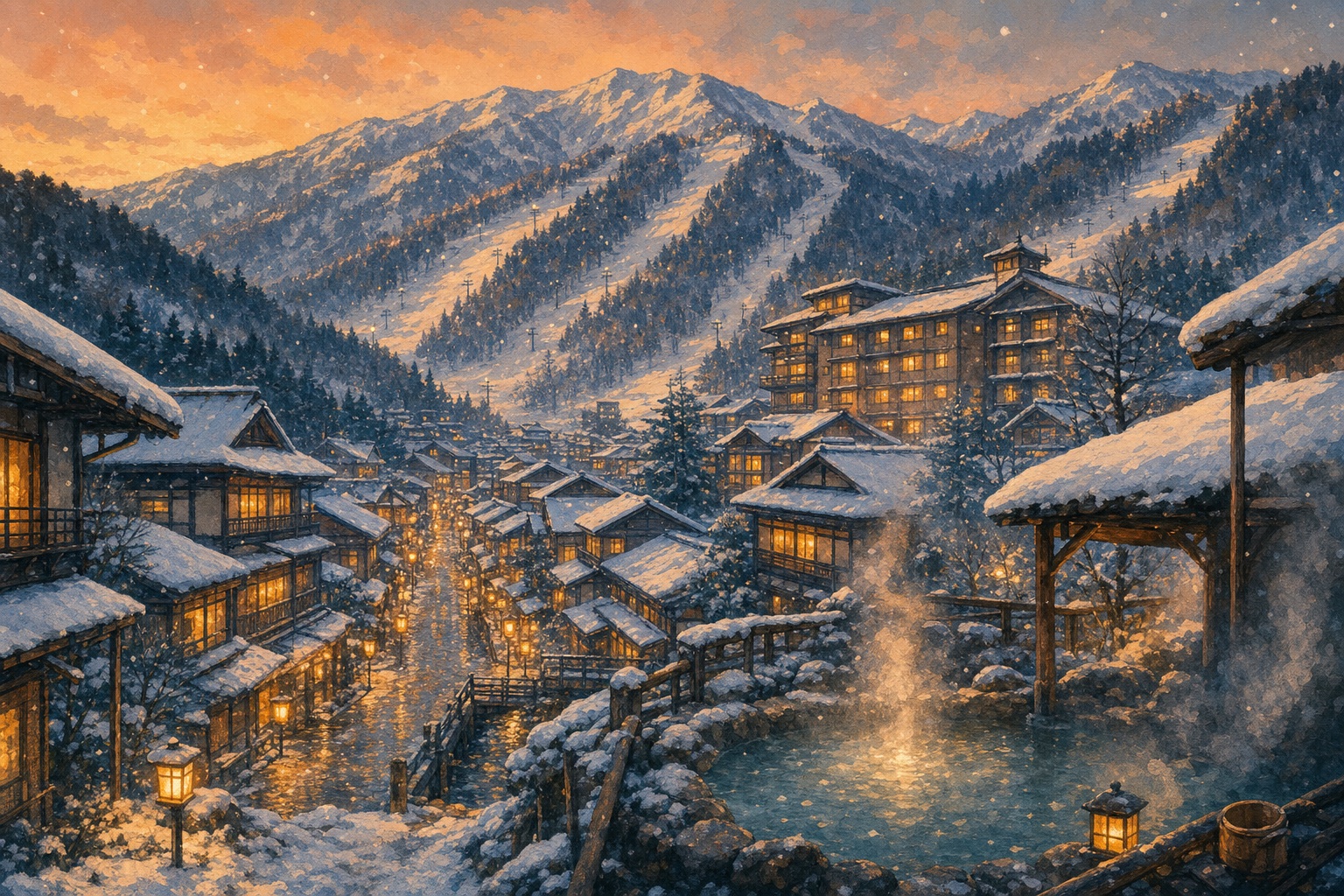 A Japanese ski onsen village at dusk