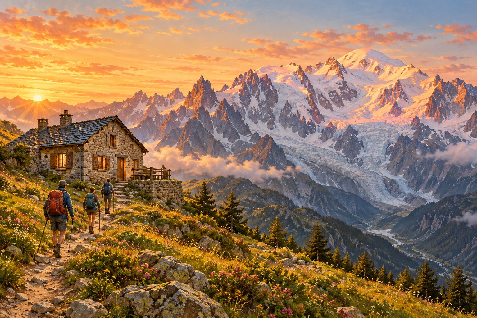 A stone mountain refuge on an alpine pasture facing the glaciers of the Mont Blanc massif at dawn